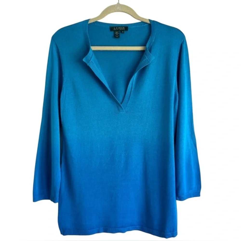 Lauren Ralph Lauren C-Neck Sweater Silk Pullover Preppy Resort Top Blue Ombré M